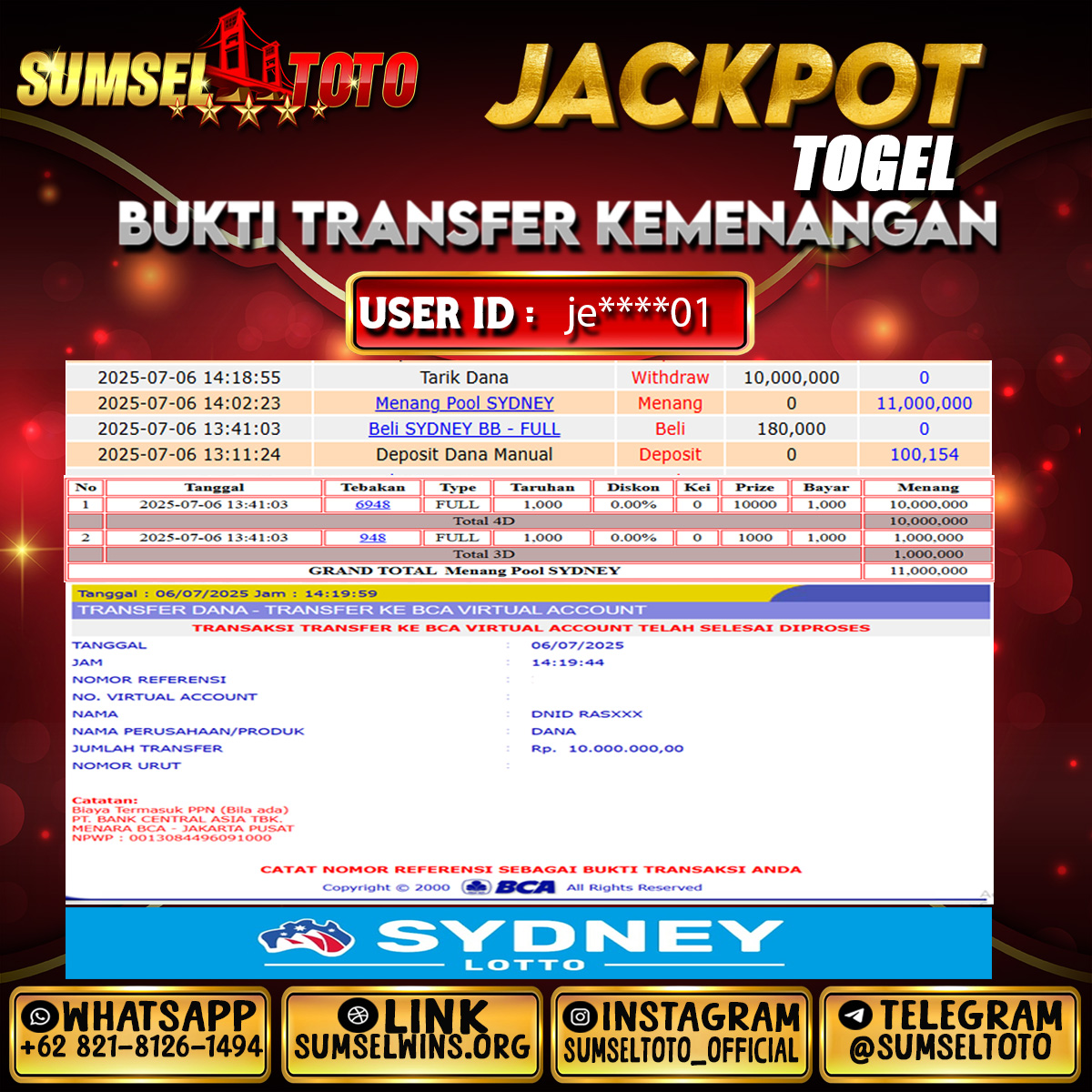 SUMSELTOTO JACKPOT SYDNEY LOTTO Rp.10.000.000.,- LUNAS